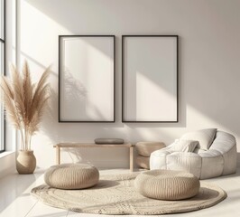 Modern minimalist living room interior with two empty poster frames for mockup, white sofa, coffee table and home decor. 3D rendering.