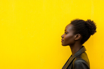 Wall Mural - A woman with a black jacket and a ponytail is standing in front of a yellow wall