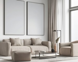 Minimalist living room interior with a beige sofa, armchair, coffee table, and two blank canvases on the wall. Modern apartment design with a view.