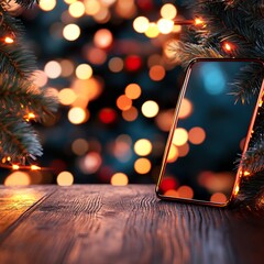 Festive mirror on a wooden table surrounded by Christmas lights and decorations, creating a cozy atmosphere.