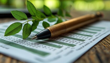 Poster - Golden Pen and Green Leaves on a Sheet of Paper with Charts