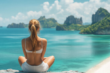 A woman is sitting on a rock by the ocean, looking out at the water