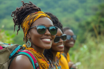 Three women wearing sunglasses and a yellow scarf are smiling