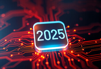 Close-up of 2025 in neon lights on a circuit board.