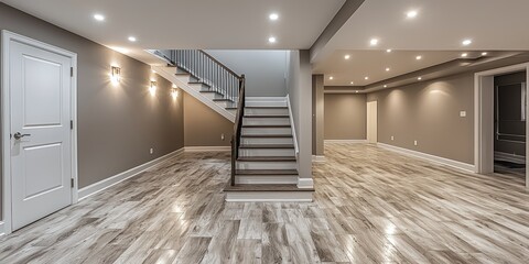 Modern Basement Interior with Wooden Stairs and Hardwood Flooring