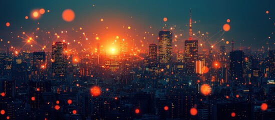 Fototapete - Illuminated Cityscape with Network Connections and Bokeh Lights