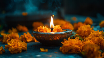 Wall Mural - Beautiful clay diya glowing bright amidst marigold flowers during Diwali celebrations in India