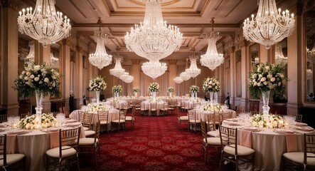 Lavishly decorated ballroom with chandeliers sparkling overhead background opulent setting inviting grand celebrations and elegant gatherings