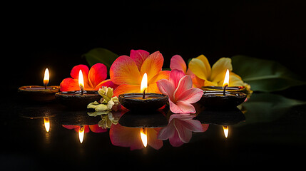 Wall Mural - Colorful rangoli with diyas and flowers celebrating Diwali in a festive ambiance