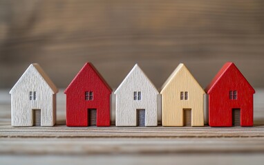 Colorful wooden model houses in a row on rustic wooden background.