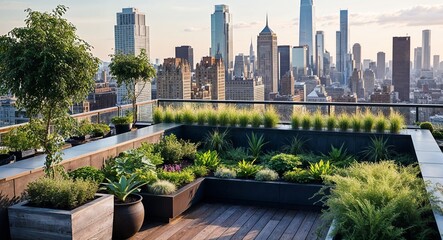 Rooftop garden with lush plants and city skyline view background urban oasis merging nature and city life in harmonious balance