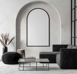 Modern minimalist black and white living room interior with empty arch frame mockup on the wall. Stylish living room with comfortable sofa and trendy home accessories.