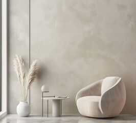 Modern minimalist living room interior with an armchair, coffee table, decor on a light background. .