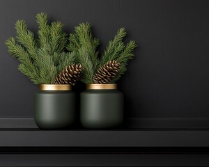 Two green potted plants with pinecones on a sleek black shelf, adding a touch of nature indoors.