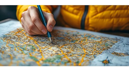 Planner s Hand Sketching Path on Map Representing Strategic Guidance and Decision Making in Flat Minimalist on White Background