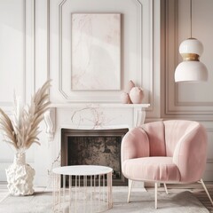 Stylish living room interior with fireplace and comfortable armchair. Pink pastel colors, contemporary design.