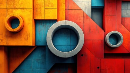 Abstract geometric background with rusty and colorful panels, circles and lines.