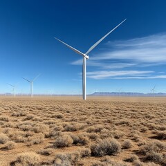 Wind turbines stand in a vast desert landscape under a clear blue sky.