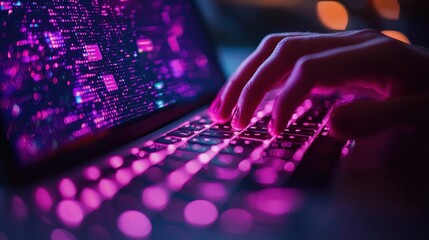 Poster - A Hand Typing on a Laptop Keyboard Illuminated with Pink Lights