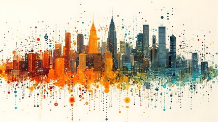 Binary code expanding into a futuristic city urban growth and development powered by data digital technology and computational design  A flat design on a white background