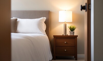 A modern bedroom with a bed, bedside table, and lamp. The bed is made with white sheets and a brown pillow. The bedside table is made of wood and has two drawers.