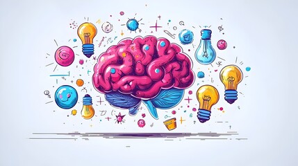 Flat design of a brain expanding with glowing lightbulbs symbolizing mental growth intellectual potential and the power of imagination and innovation