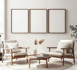 Minimalist living room interior with two armchairs and a coffee table. Three blank mockup posters on the wall provide copy space for your designs.