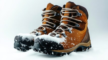 A pair of winter hiking boots covered in snow, isolated on a white background, ready for adventure