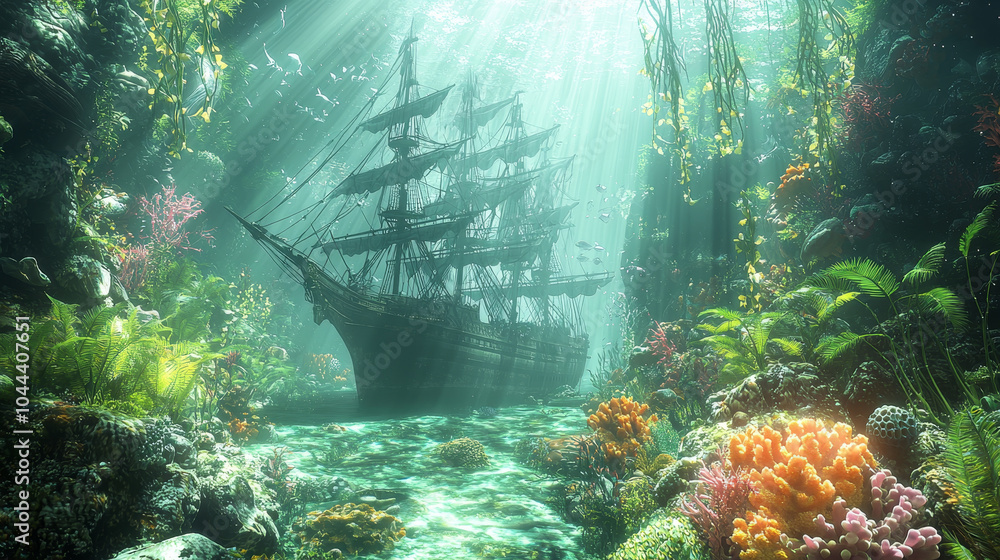majestic ship rests underwater, surrounded by vibrant coral reefs and ...