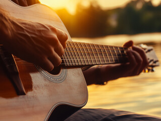 A close-up of a man’s hands playing a traditional acoustic guitar by a lakeside during golden hour. Perfect for themes of relaxation and mindfulness.