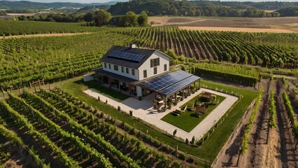 Aerial View of Modern Farmhouse with Solar Panels in Vineyard