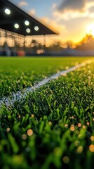 green grass macro shot in a sports arena with bright stadium lights illuminating soccer field lines highlighting the pristine condition of the playing surface