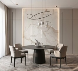 Modern and stylish dining room interior with round table and comfortable chairs. Elegant design with minimalist decor and soft lighting.