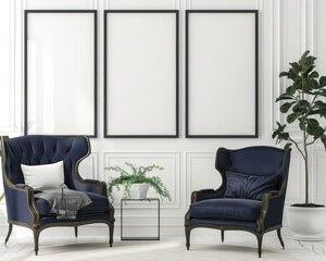 Elegant living room interior with two blue velvet armchairs and three blank vertical frames mockup on a white wall. 3D rendering.