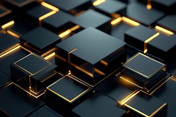 Wall Mural - 3D textured black cubes with glowing lines creating a modern digital background.