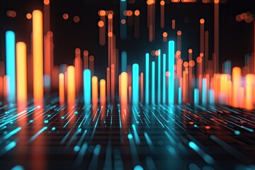 Wall Mural - dynamic abstract visualization of glowing bars representing data trends in vibrant orange and blue c