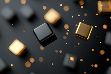 Wall Mural - Floating black and gold cubes with a blurred black background.