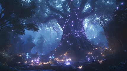 Wall Mural - a mysterious forest clearing where the air shimmers with magic and glowing creatures gather under a 