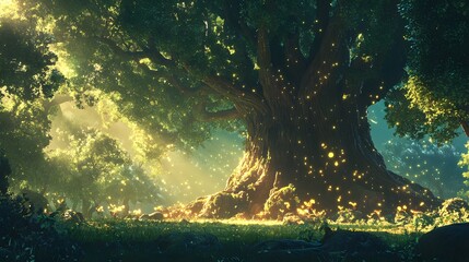 Wall Mural - a mysterious forest clearing where the air shimmers with magic and glowing creatures gather under a 