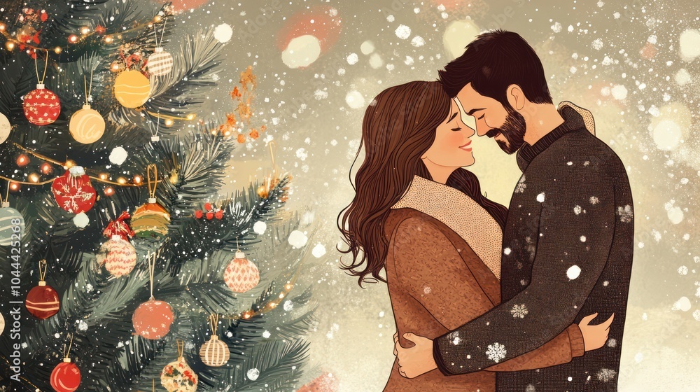 Christmas couple photoshoot illustrations, couple embracing by a ...