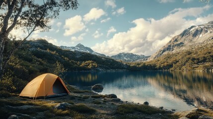 A tranquil lakeside camping scene featuring a tent surrounded by mountains and clouds, perfect for nature lovers.