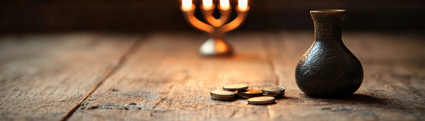 close up view of decorative vase and coins on rustic wooden table, with menorah softly illuminated in background, creating warm and festive atmosphere