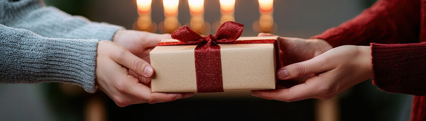 Close up of hands exchanging gifts during festive celebration, highlighting joy and warmth of giving. scene captures spirit of togetherness and holiday cheer