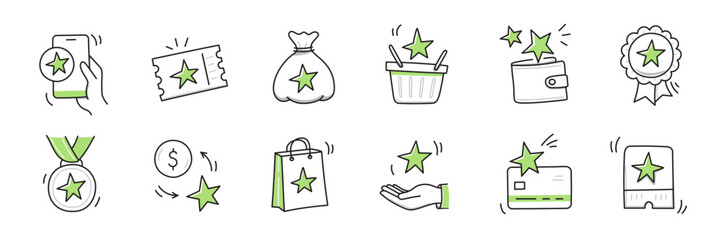 Reward bonus gift icon set. Benefit reward bonus loyalty prize hand drawn sketch line pen stroke style icon. Benefit gift coupon, loyalty card sketch doodle drawn collection. Vector illustration