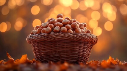 Wall Mural - A Basket of Hazelnuts Resting on Fallen Autumn Leaves