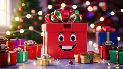 Christmas gift box character, anthropomorphic, smiling face, colorful bokeh lights, festive atmosphere, wrapped presents, holiday decorations, toy-like, miniature scene, warm colors, playful, charming