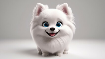 Cute cartoon white puppy, fluffy fur, big expressive eyes, smiling face, small round body, stubby legs, perky ears, chibi style, 3D rendering, soft lighting, grey background, playful pose, adorable ch