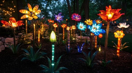 A whimsical artist's garden filled with colorful sculptures and glowing flowers inviting creativity and inspiration