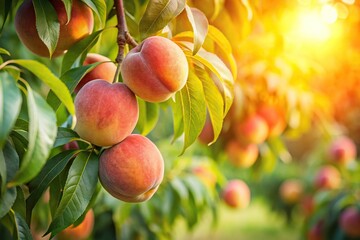 Wall Mural - Ripe peaches on tree branch in sunny garden