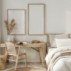 Minimalist bedroom interior with two empty picture frames mockup on the wall, wooden furniture,  natural colors.